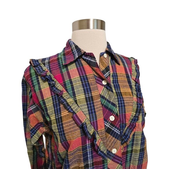 80s 90s Vintage Womens Plaid Button Front Shirt Size Medium Ruffles Western - Picture 2 of 6